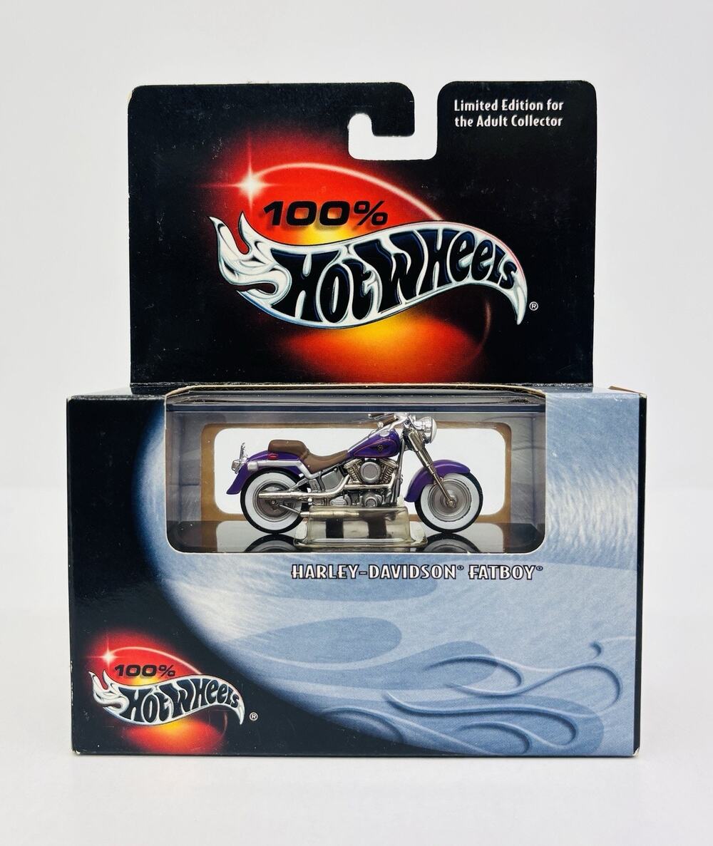 100% Hot Wheels Harley Davidson Fatboy Motorcycle Purple 29709 Black Box Sealed